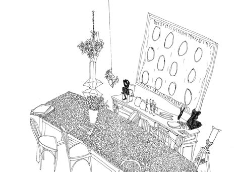 a black and white drawing of a dining room table