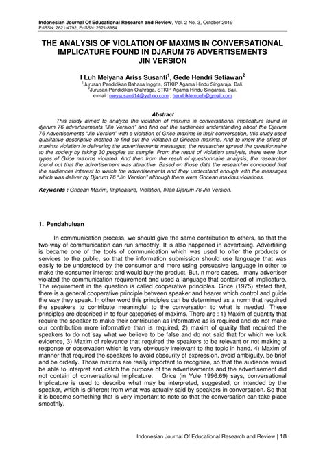 (PDF) THE ANALYSIS OF VIOLATION OF MAXIMS IN CONVERSATIONAL IMPLICATURE FOUND IN DJARUM 76 ...