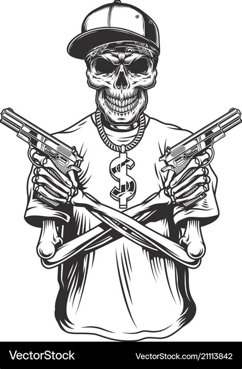 Skeleton gangster with guns Royalty Free Vector Image