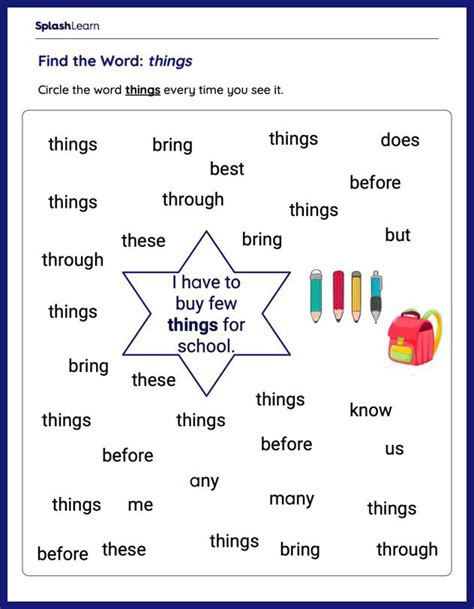 Find the word: things - ELA Worksheets - SplashLearn