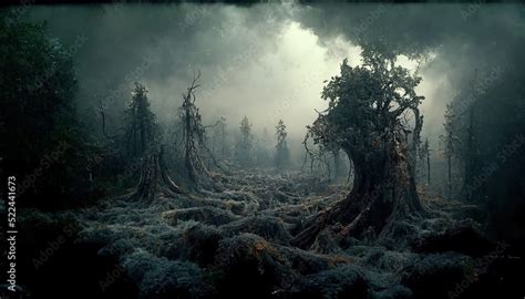 Dark creepy forest with fog. Fantastic night landscape, ominous ...