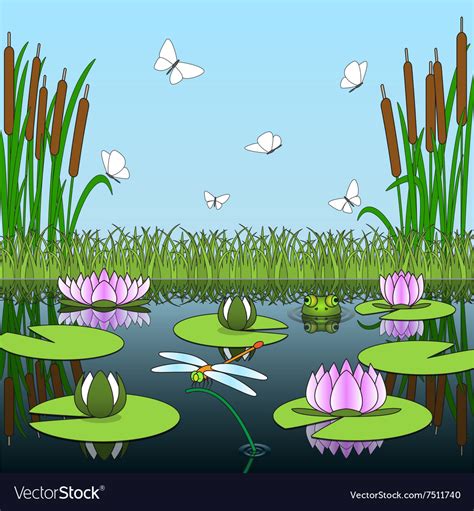 Colorful cartoon background with pond inhabitants Vector Image