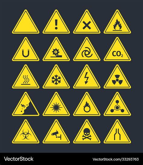 Road warning signs set triangular yellow symbols Vector Image