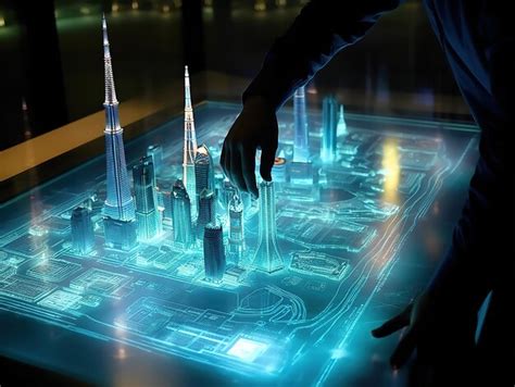 Premium AI Image | A man is standing on a glass floor with a glowing image of the city in the ...