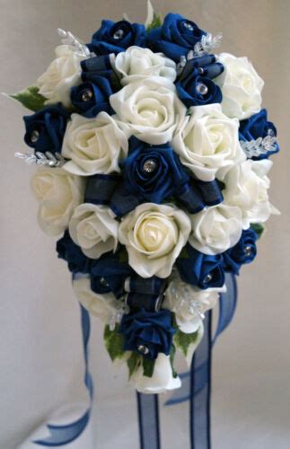 Brides,Bridesmaids Wedding Bouquet Flowers Navy Blue/ White or Ivory | eBay