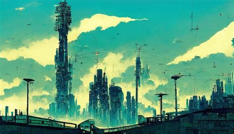 Premium Photo | Futuristic cyberpunk landscape in comic manga style linart art