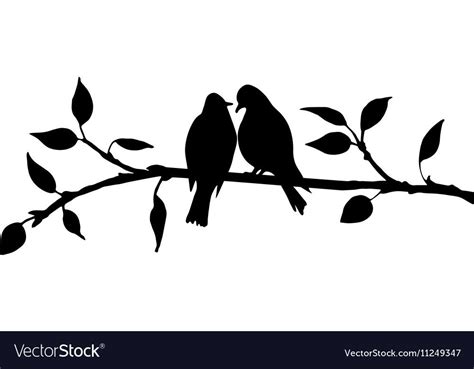 vector silhouettes of birds at tree, hand drawn songbirds at branch ...