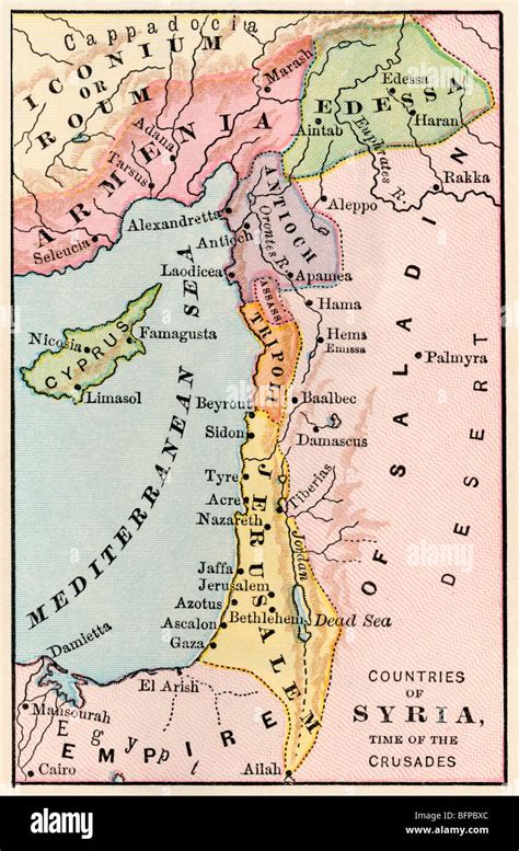 Map of the Middle East Empire of Saladin at the time of the Crusades. Color lithograph Stock ...