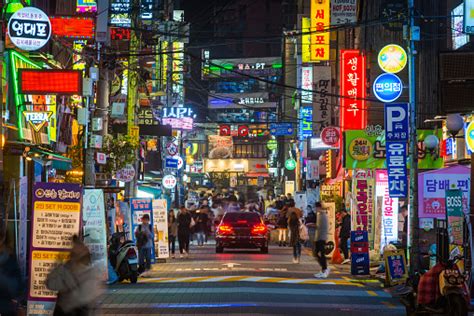 Seoul Crowded Streets Of Sinchon Nightlife Neon Signs South Korea Stock Photo - Download Image ...