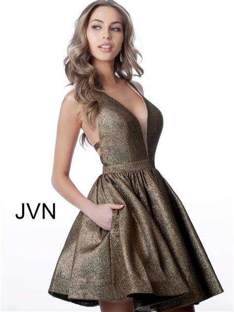 JVN2364 Dress | Bronze short fit and flare metallic homecoming dress