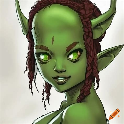 Comic book style artwork of a cute green-skinned goblin girl on Craiyon
