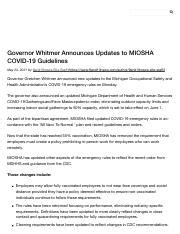 Governor Whitmer Announces Updates to MIOSHA COVID-19 Guidelines - 9 ...