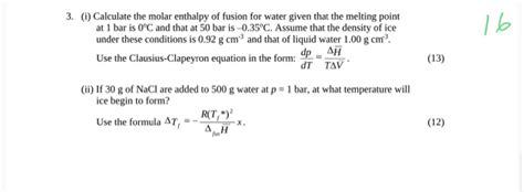 Solved 3. (i) Calculate the molar enthalpy of fusion for | Chegg.com