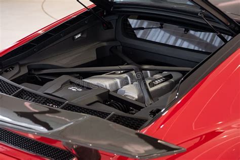 Closeup of the Engine Bay with Hood Open in the Back of Red Audi R8 ...