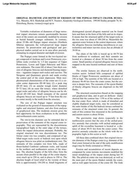 Original Diameter and Depth of Erosion of the Popigai Impact Crater ...
