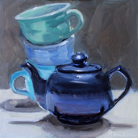 Gretchen Hancock's Paintings: Blue Teapot Blue Cups SOLD