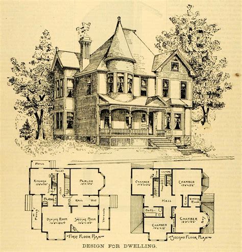 1891 Print Home Architectural Design Floor Plans Victorian Architecture Dwelling | eBay