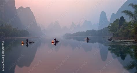 The Li River, Xingping, China, scenic landscape. Cormorant fishermans ...