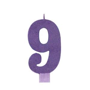 Number 9 Party Supplies - Candle Large Glitter Purple 13cm