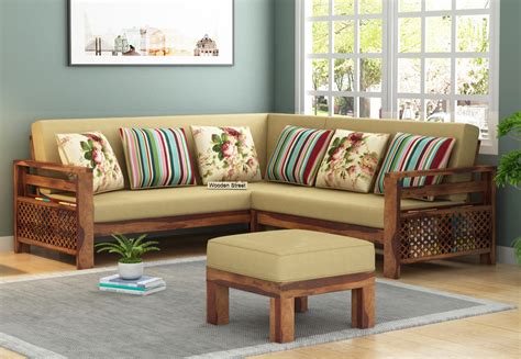 Buy Vigo L-Shaped Wooden Sofa (Irish Cream, Teak Finish) Online in India - Wooden Street