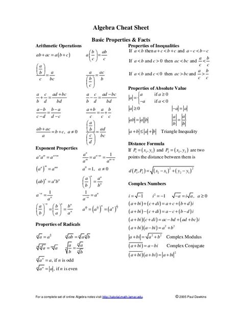 Algebra formulas