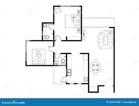 2D CAD House Layout Plan Drawing with a Double Bedroom Stock ...