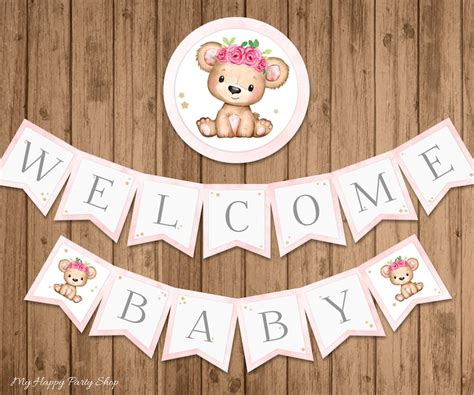 Pink Welcome Baby Banner PRINTABLE Teddy Bear Baby Shower - Etsy