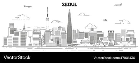 Seoul skyline line art Royalty Free Vector Image