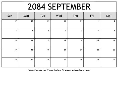 September 2084 Calendar - Free Printable with Holidays and Observances