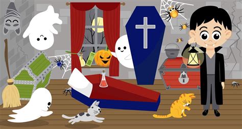 Premium Vector | Vampire. room of vampire. halloween. ghost, cat, coffin. cartoon, vector