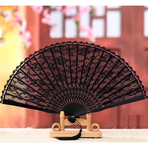 Chinese Style Black Decorative Fans Lace Fabric Silk Folding Hand Held Dance Fans Flower Party ...