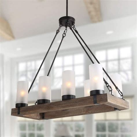 LNC 29" Wood Rustic Farmhouse Chandelier Rectangular Light Fixture w/ – Annie & Oak