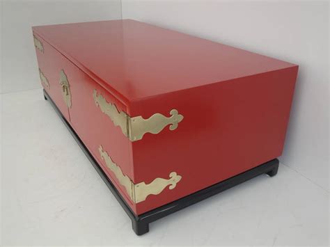 Hollywood Regency Red Lacquered and Brass Coffee Table or Cabinet at 1stdibs