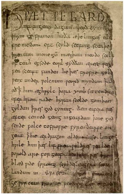 1st page of the Old English epic-poem Beowulf. The poem only survives in one manuscript, the ...