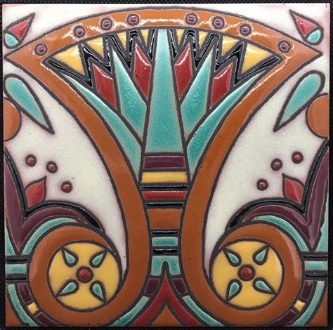 Hand-Painted Egyptian Revival Art Deco Craftsman 6x6 Tiles Wax Resist Raised Glaze Finish