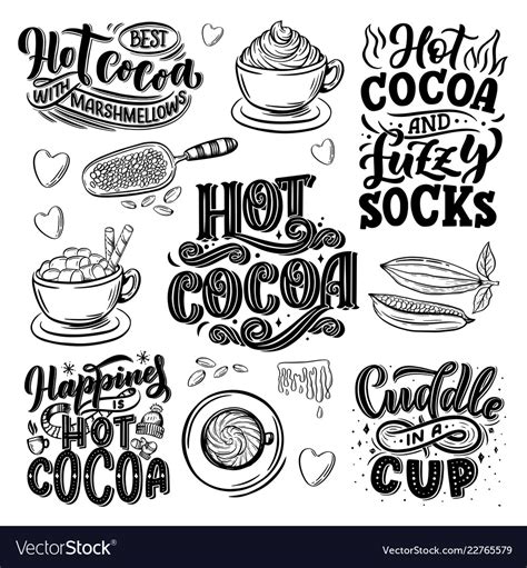 Hot cocoa hand lettering set with cup Royalty Free Vector