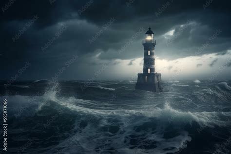 Leadership concept. Lighthouse in the stormy ocean at night leading the way. Generative AI Stock ...