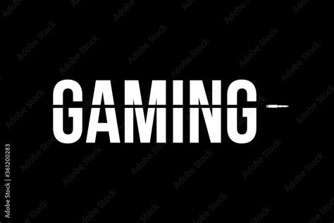 Gaming logo in white with bullet passing. Gamer playing console computer video games. Black ...