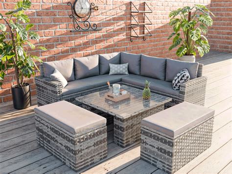 Rosen 9 Seater Rattan Dining Corner Sofa Set with Rising Table In Grey