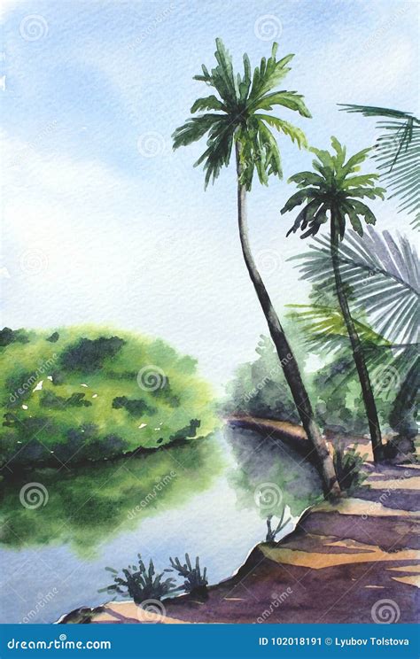 Watercolor Tropical Landscape Stock Illustration - Illustration of blue ...