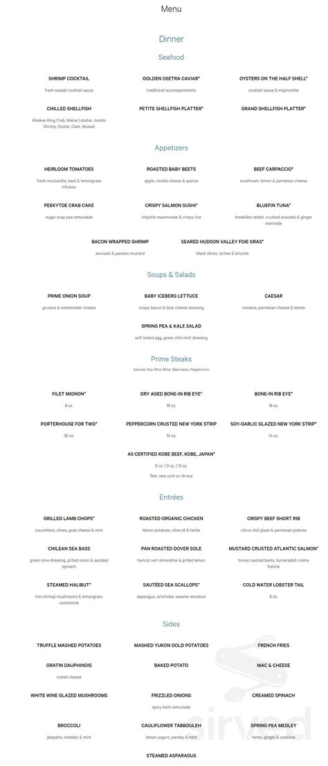 Menu for Prime Steakhouse in Las Vegas, NV | Sirved