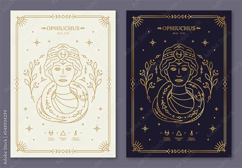 Ophiuchus zodiac horoscope golden signs on dark navy and white cards ...