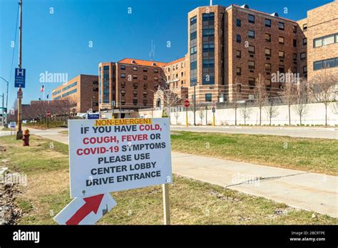 Detroit, Michigan - A sign in front of Ascension St. John Hospital directs patients with Covid ...