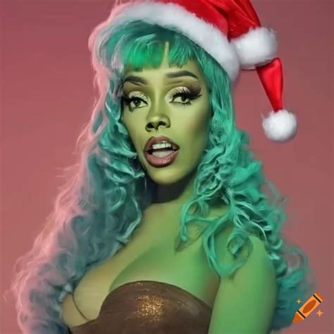 Doja cat as the grinch with green skin and hair