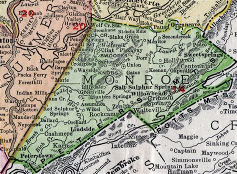 Monroe County, West Virginia, 1911, Map, Union, Peterstown, Sweet Springs, Salt Sulphur Springs ...