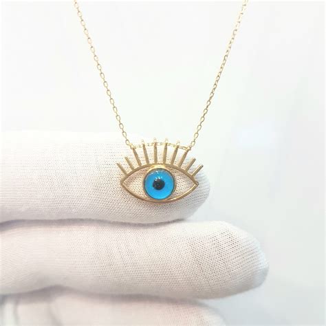 14K Real Solid Gold Evil Eye Eyelash Necklace for Women