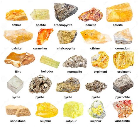 Set of Various Rough Yellow Minerals with Names Stock Image - Image of natural, mineral: 175646957