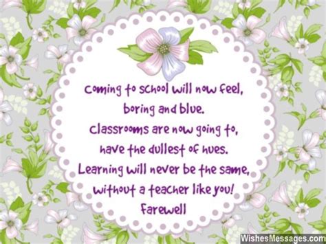 a poem written in purple and green on a floral background with the words coming to school will