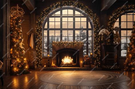 Premium AI Image | A christmas scene with a fireplace and christmas tree in the corner