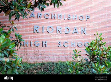 Archbishop Riordan High School sign in metal letters on an exterior ...